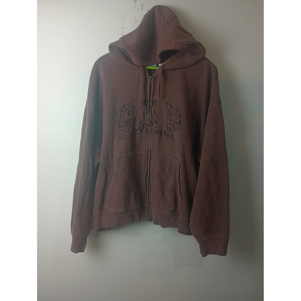 GAP Womens XXL Brown Leopard Print Logo Full Zip Fleece Hoodie Sweatshirt
